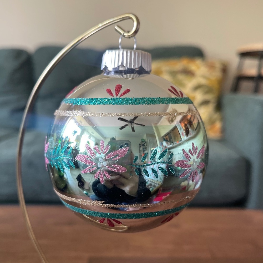 Radko Shiny Brite Glitter Striped Ornament poinsettia Ball Pink Teal blue red XL